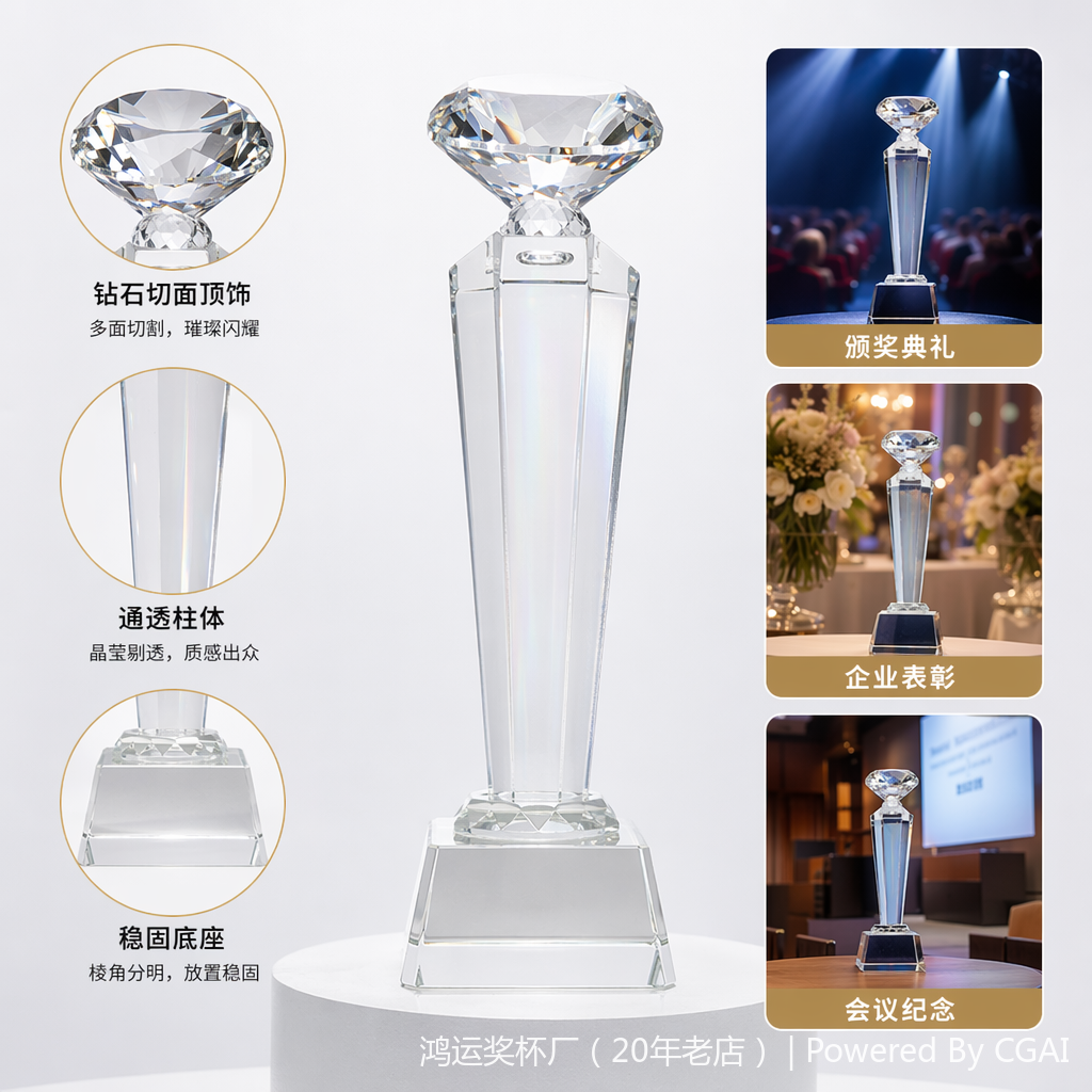 透明水晶奖杯配塑料底座 大奖杯奖牌定制礼品