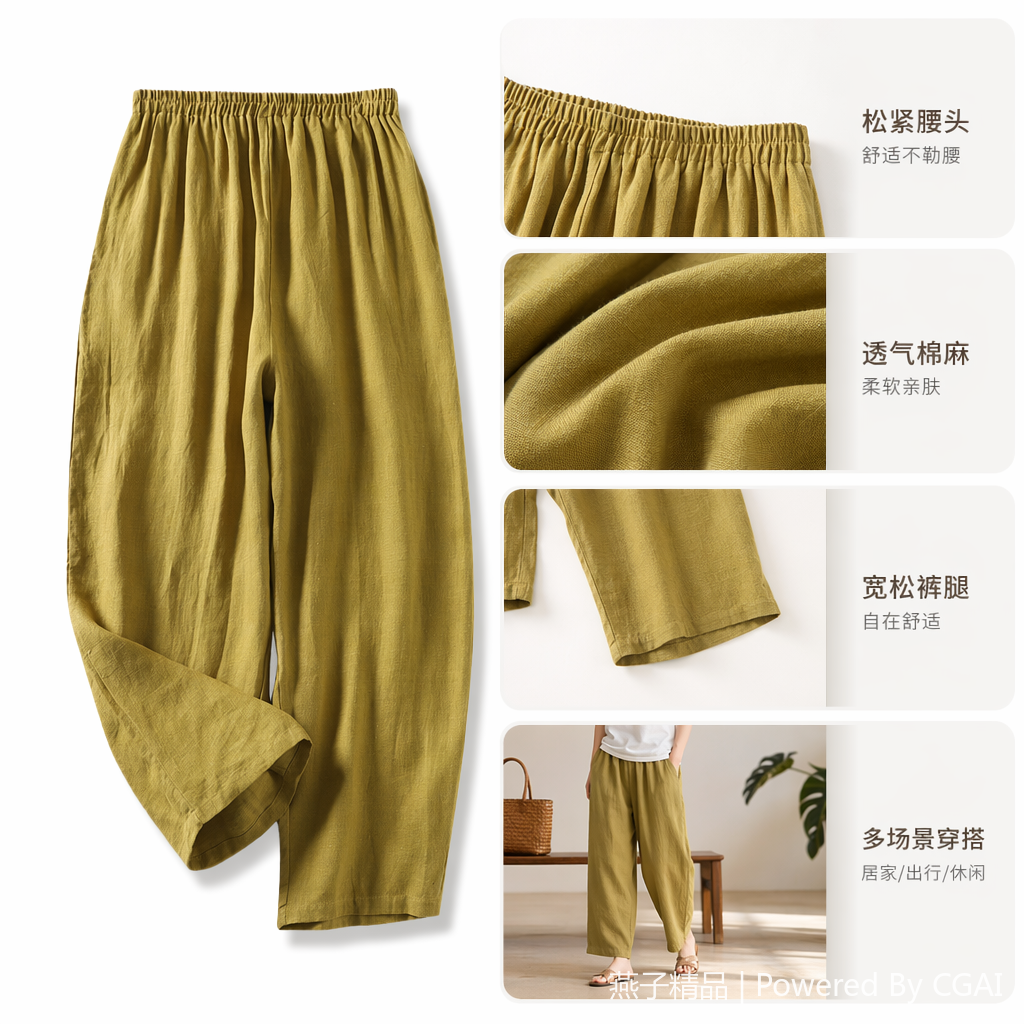 棉麻休闲九分裤松紧腰宽松文艺阔腿裤春夏大码萝卜裤女式094357308