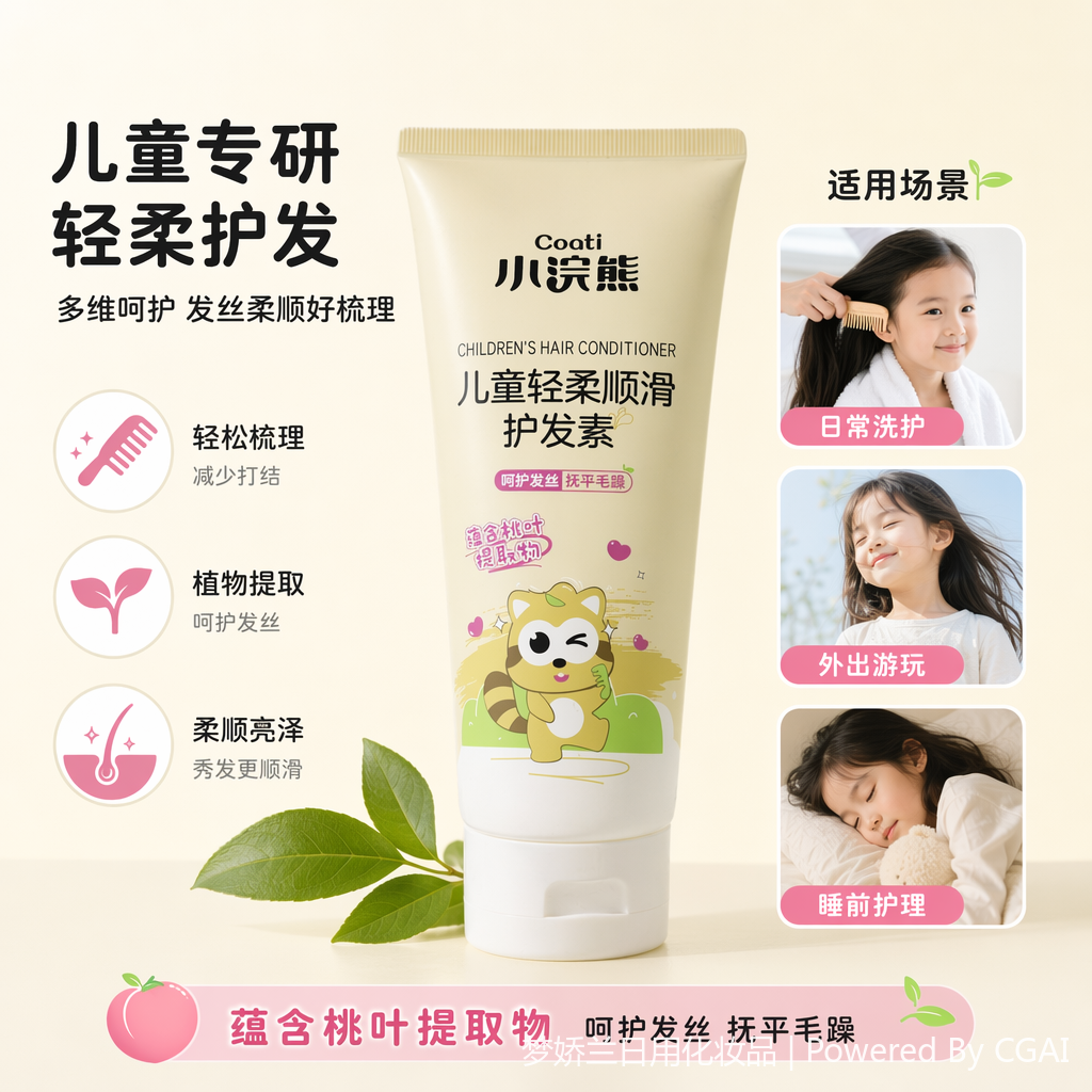 The Coati Little Raccoon children's light yellow hair conditioner tube contains peach leaf extract, which is light, soft and smooth full image