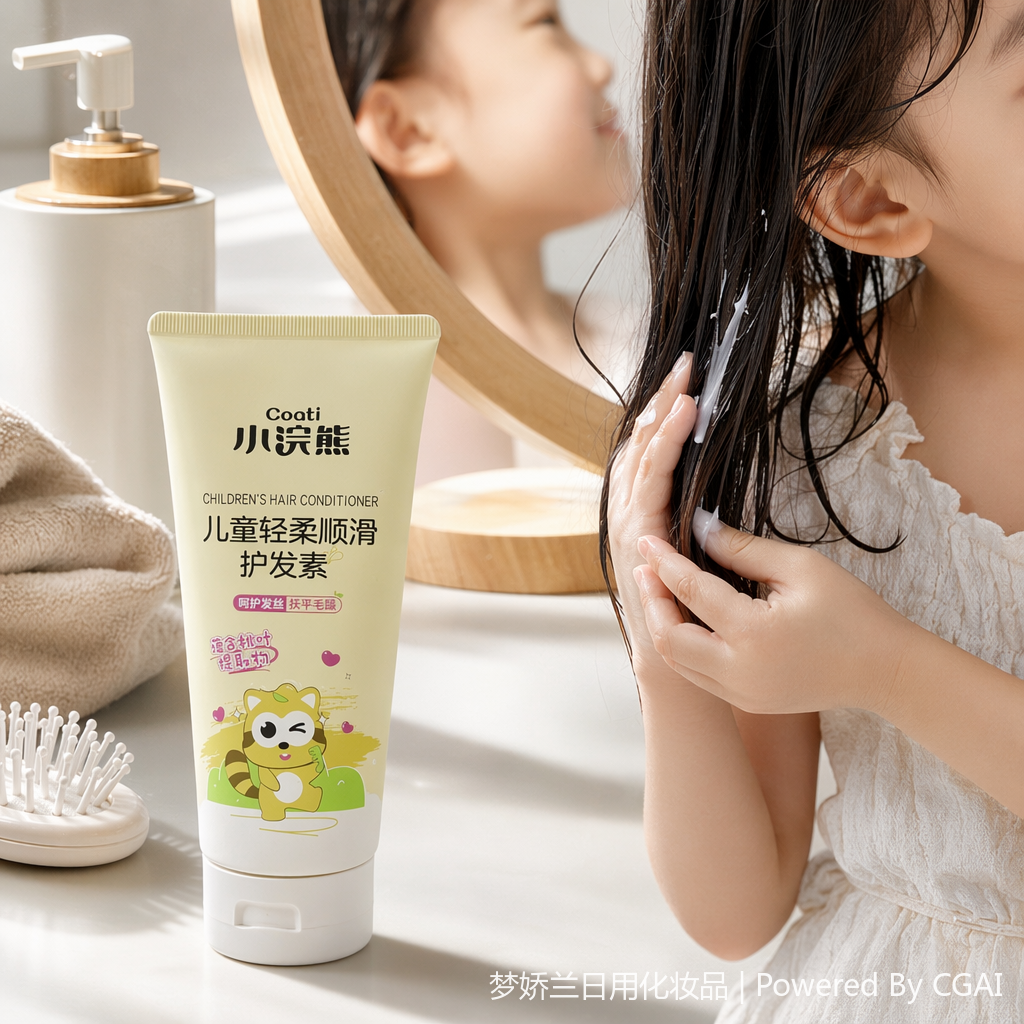 The Coati Little Raccoon children's light yellow hair conditioner tube contains peach leaf extract, which is light, soft and smooth details Picture