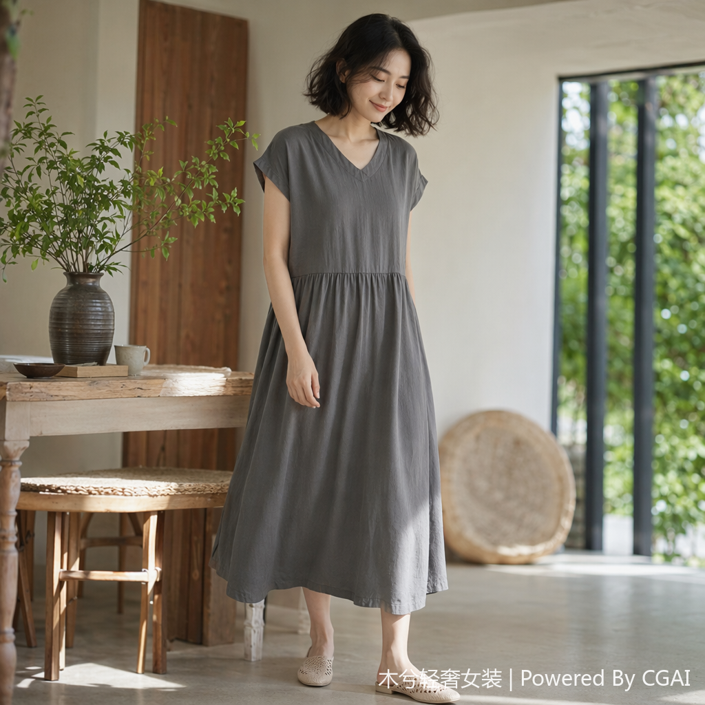 Summer's new Japanese-style commuting simple V-neck one-shoulder short-sleeved loose and artistic mid-length dress for women details Picture