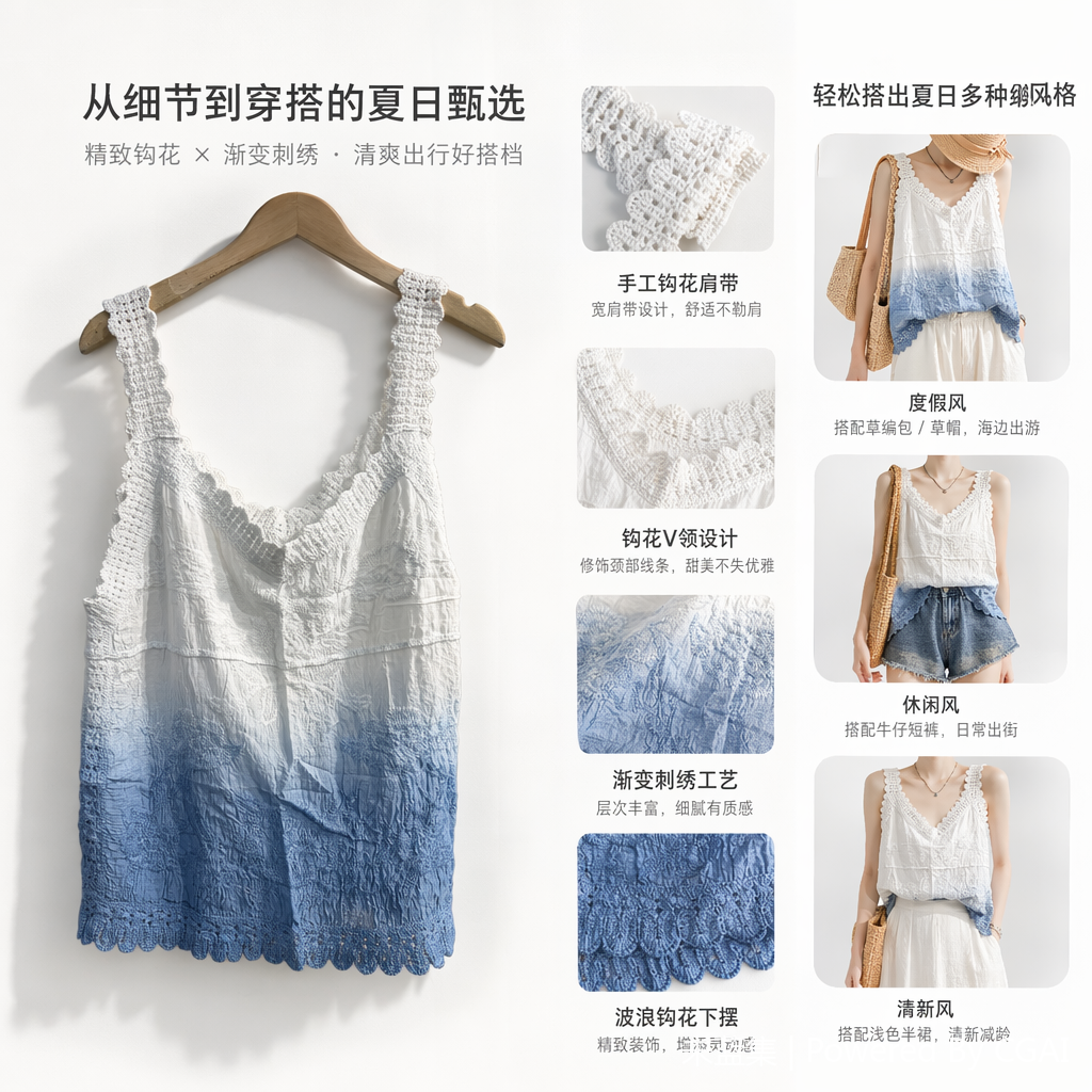 蓝白渐变钩针蕾丝吊带衫女装无袖抹胸短辣妹上衣