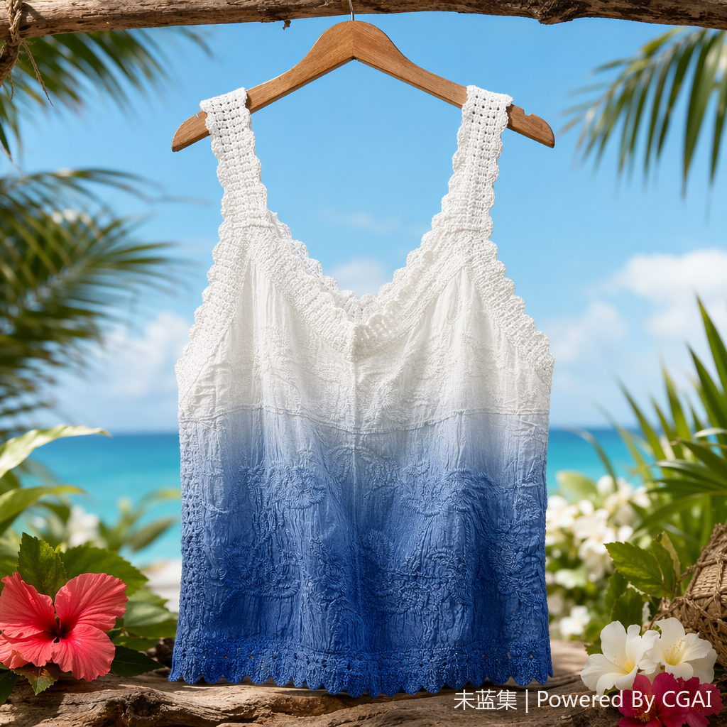 Blue and white gradient crochet lace halter top for women, sleeveless strapless short spice girl top Specification image