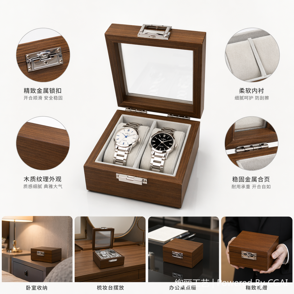 Brown wooden double watch box, flocked jewelry packaging box, gift box decoration