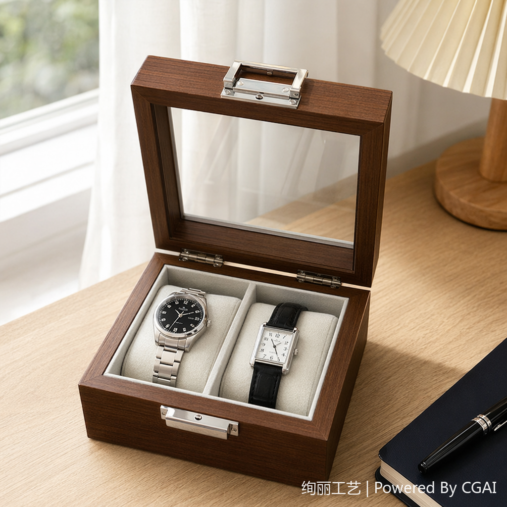 Brown wooden double watch box, flocked jewelry packaging box, gift box decoration details Picture