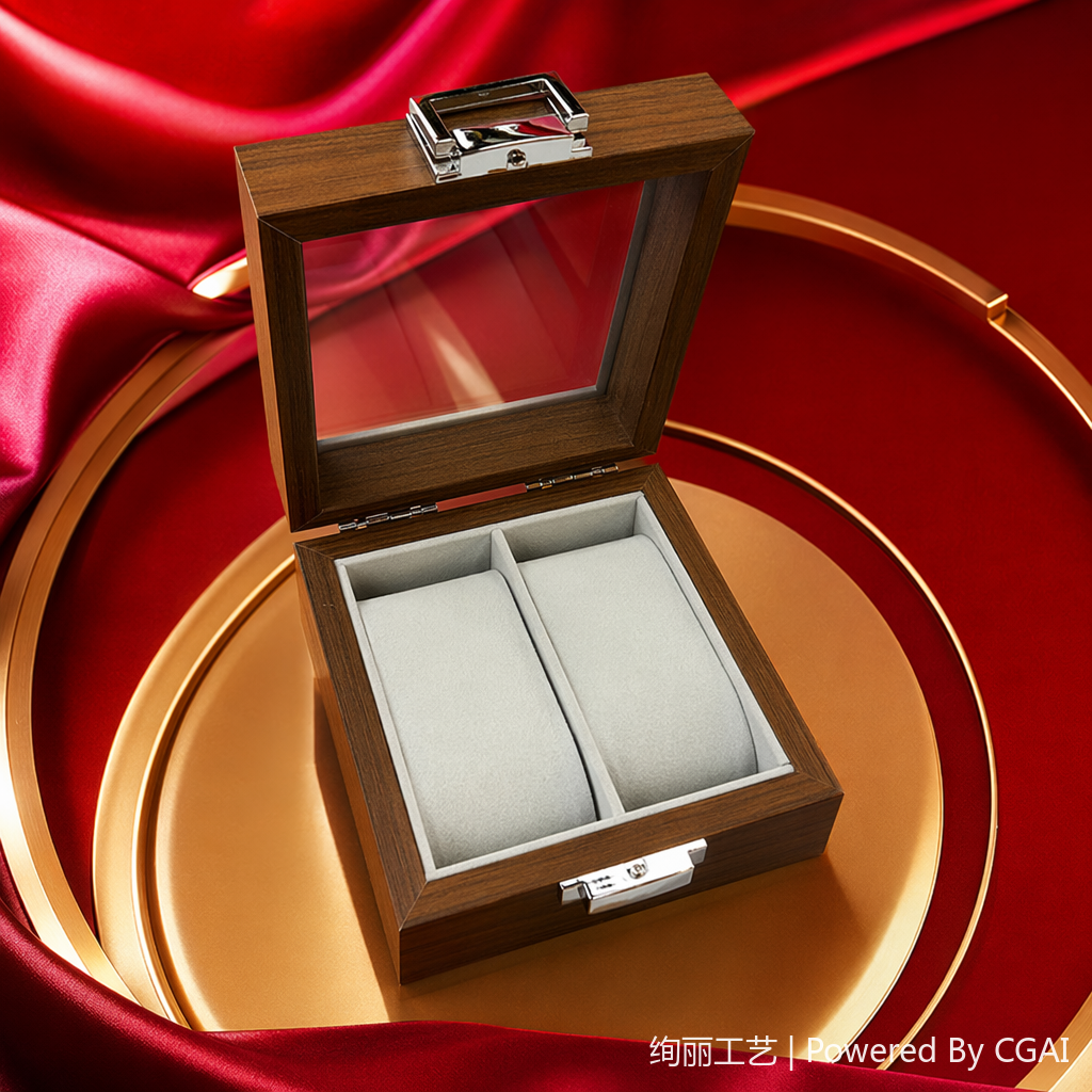 Brown wooden double watch box, flocked jewelry packaging box, gift box decoration Specification image
