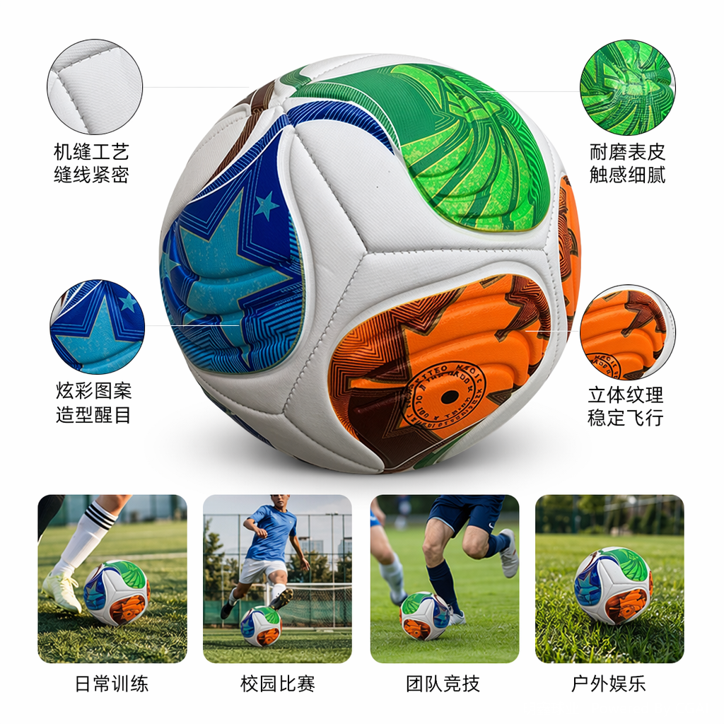 Orange, blue and green color spliced PU leather rubber football-specific training and match balls