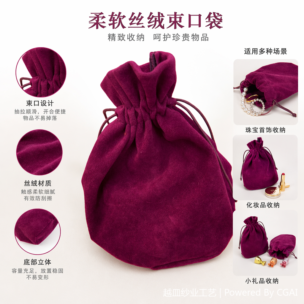 A small bag of purple velvet drawstring snap eyewear accessories