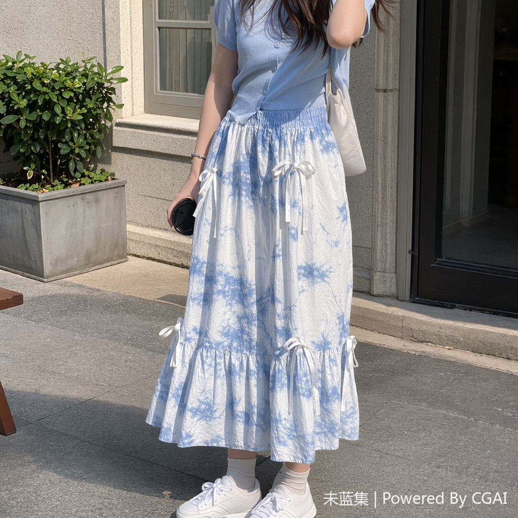 Blue and white tie-dyed long dress, women's printed fabric, heat sublimation fabric pieces details Picture
