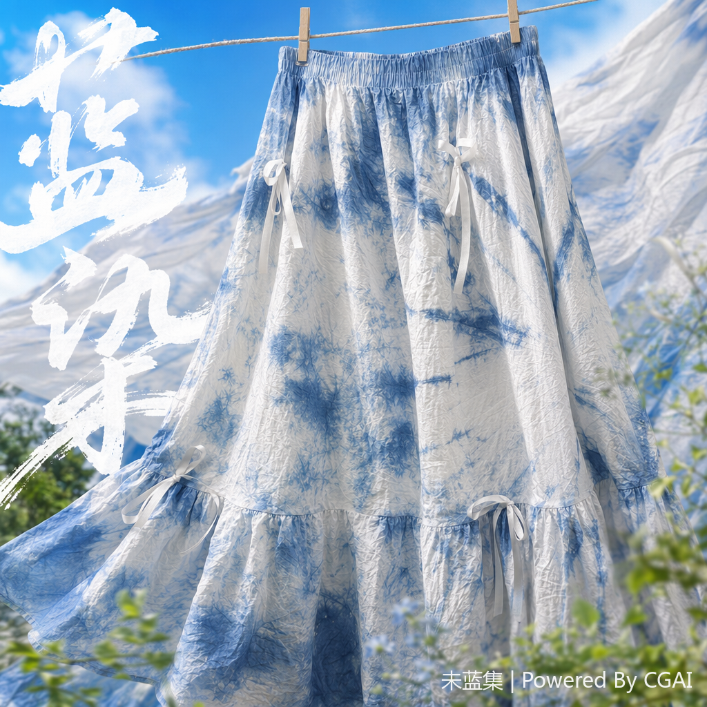 Blue and white tie-dyed long dress, women's printed fabric, heat sublimation fabric pieces Specification image