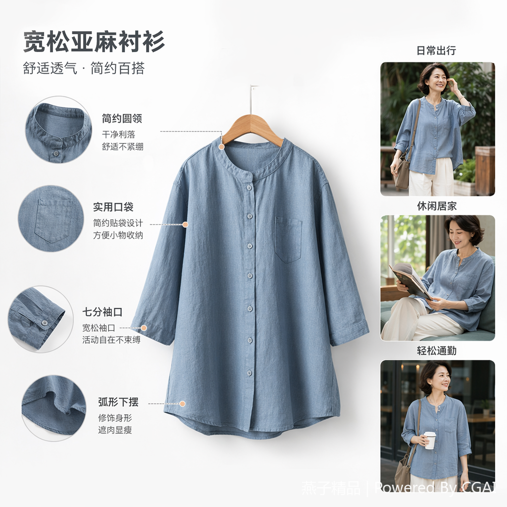 2026夏季亚麻衬衫立领七分袖白衬衣 宽松大码防晒衫日系棉麻女装092501052