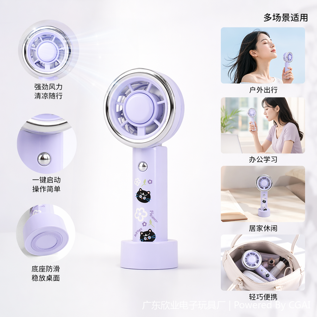 Cartoon color handheld mini electric fan, outdoor portable model full image