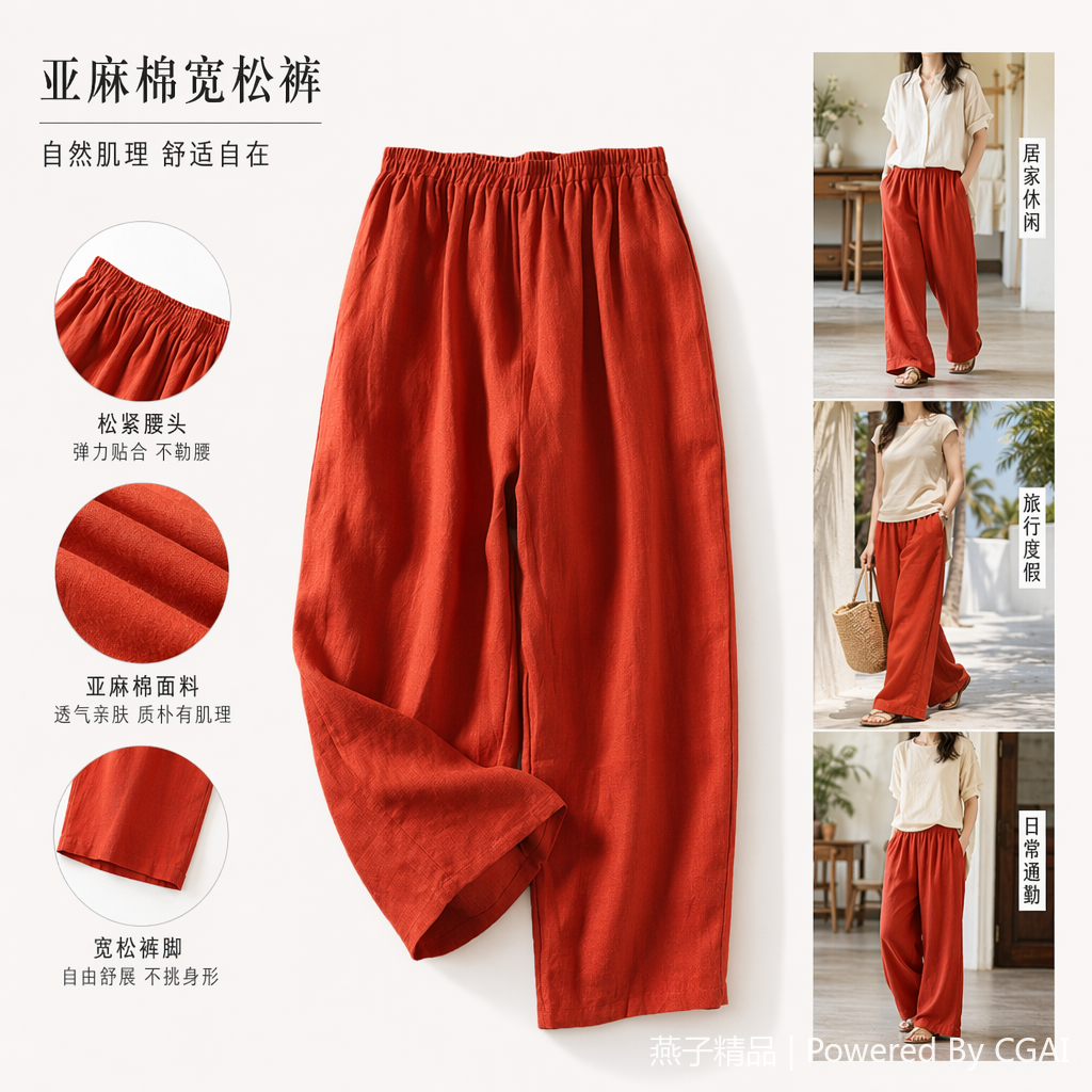 棉麻休闲九分裤松紧腰宽松文艺阔腿裤春夏大码萝卜裤女式093229436