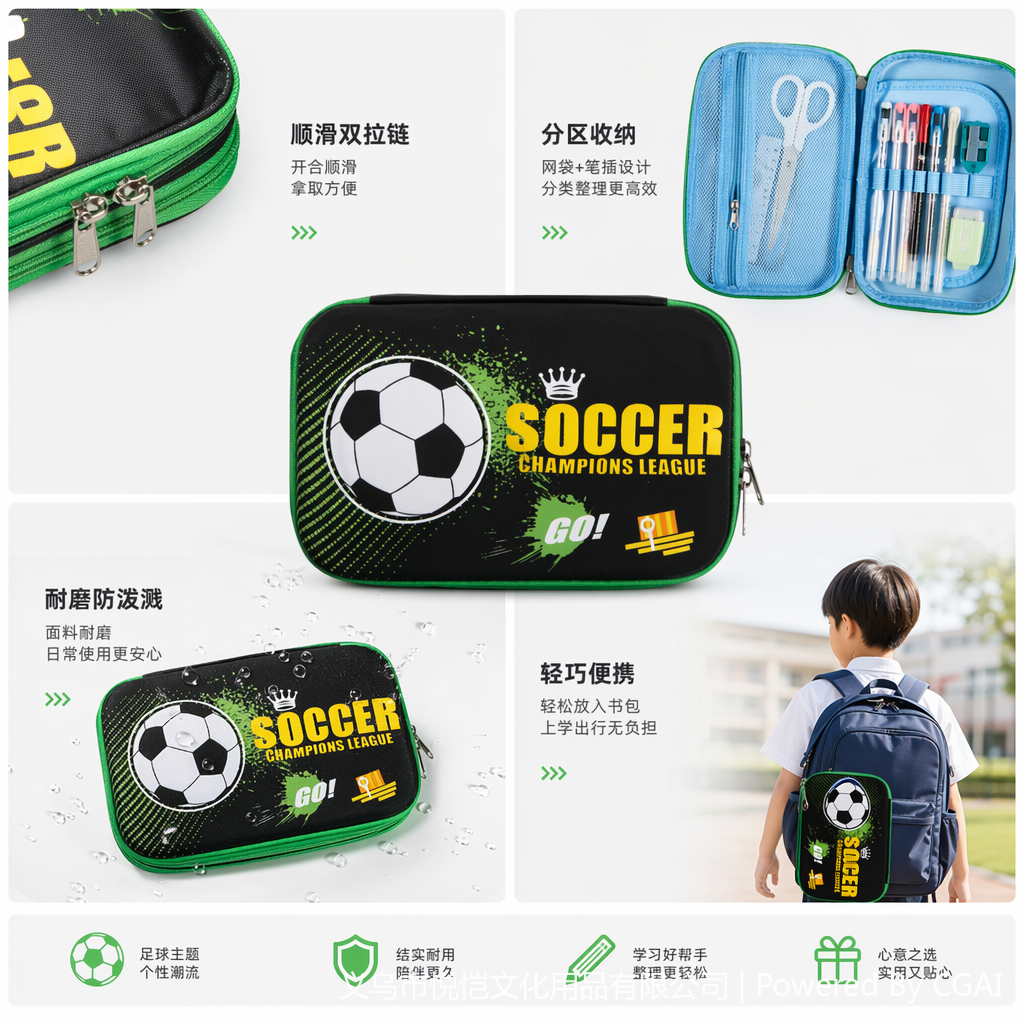 Black football-themed transparent cartoon pencil case student stationery details Picture