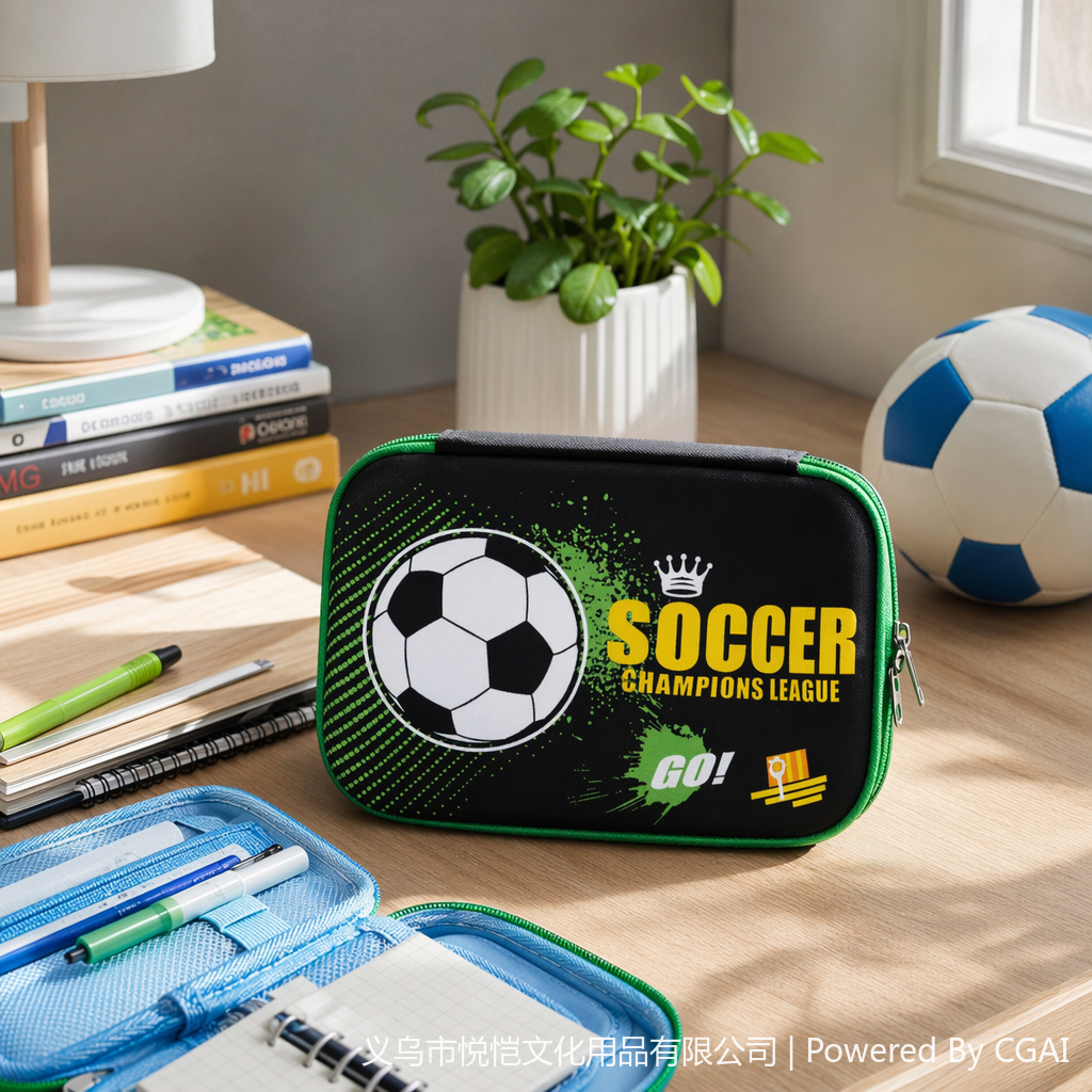 Black football-themed transparent cartoon pencil case student stationery full image