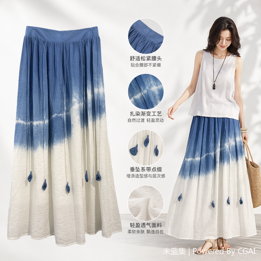 蓝白渐变扎染冰凉丝贮麻连衣裙女装花卉风长裙扎染