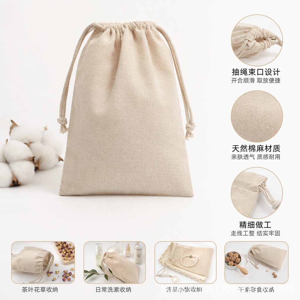 Beige cotton fabric drawstring bag, cotton fabric bag, canvas bag, eco-friendly fabric bag, reusable