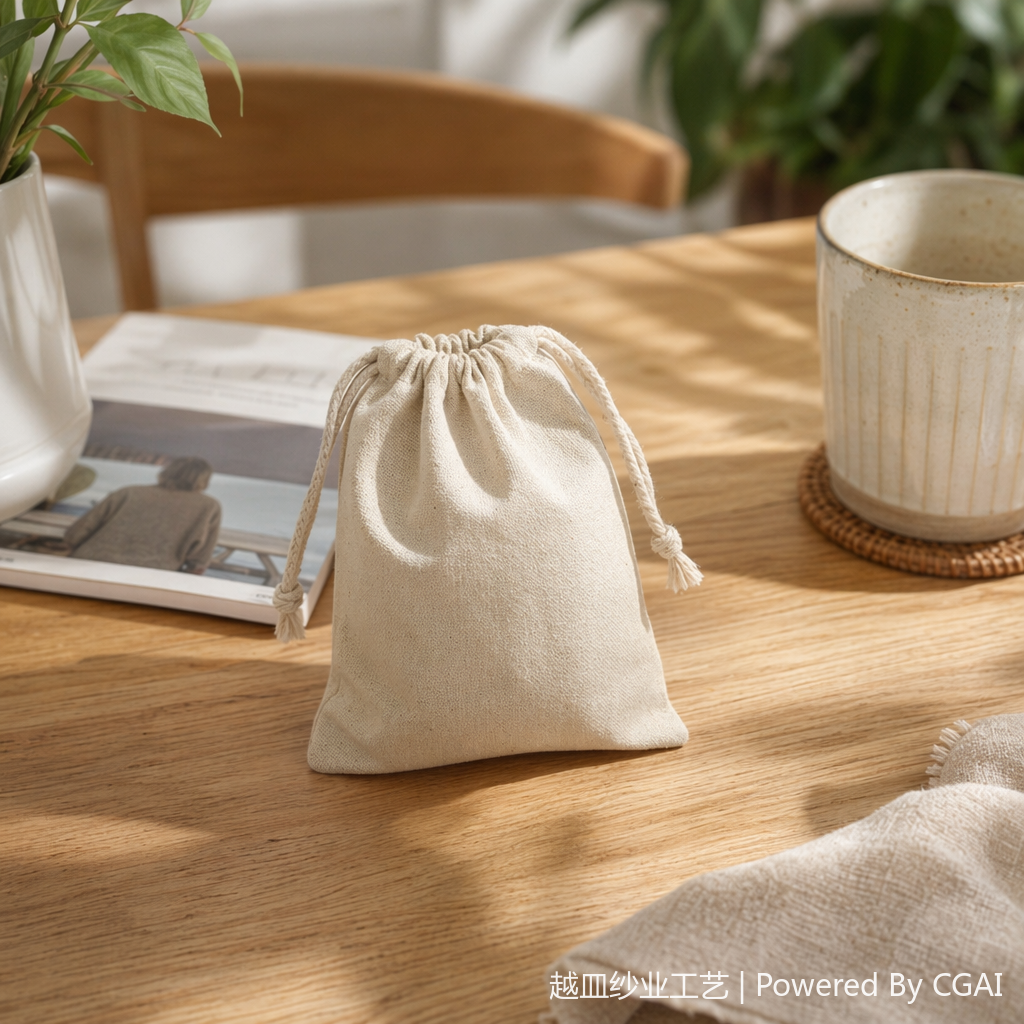 Beige cotton fabric drawstring bag, cotton fabric bag, canvas bag, eco-friendly fabric bag, reusable details Picture