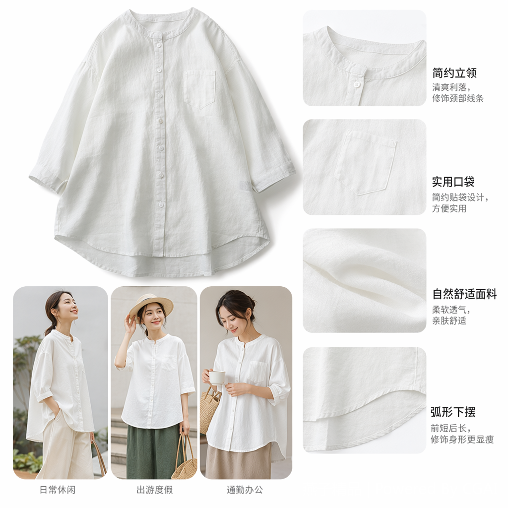 2026夏季亚麻衬衫立领七分袖白衬衣 宽松大码防晒衫日系棉麻女装092332236
