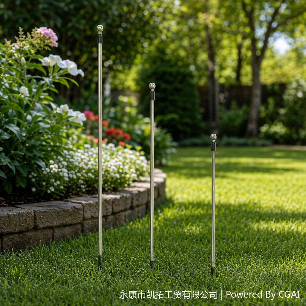 Three silver advertising flagpoles, each with a 3-meter, 2.6-meter and 2-meter metal ball top and black handle details Picture