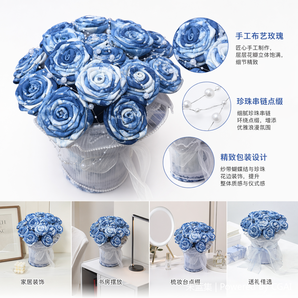 蓝色扎染仿真玫瑰花束 香水香薰假花 莲花文创圣诞手工钩织花