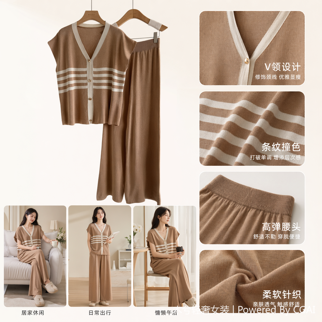 Cross-border Summer sportswear set, Korean-style wide-leg pants set, cardigan two-piece set, casual and laid-back knitted two-piece set for women 111042481