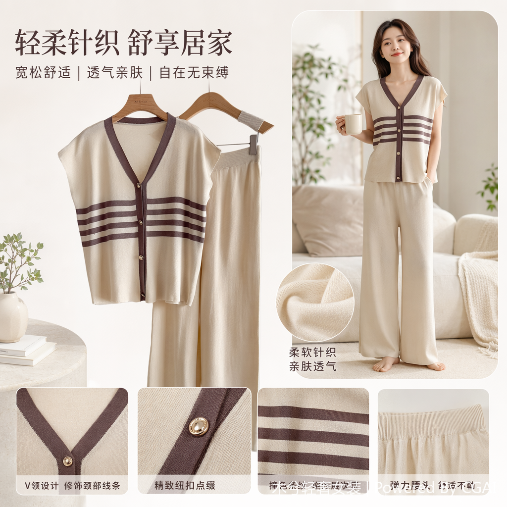 Cross-border summer sportswear set, Korean-style wide-leg pants set, cardigan two-piece set, casual and laid-back knitted two-piece set for women