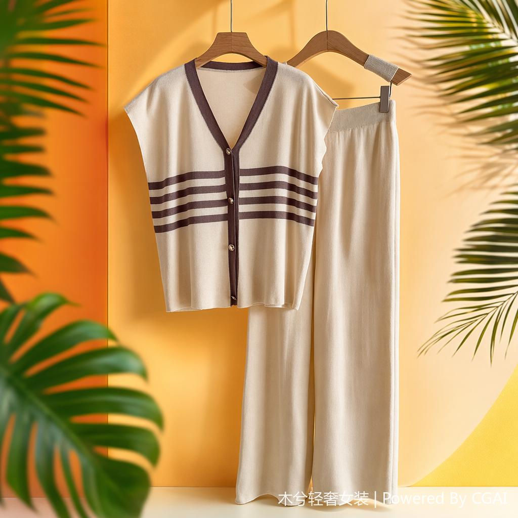Cross-border summer sportswear set, Korean-style wide-leg pants set, cardigan two-piece set, casual and laid-back knitted two-piece set for women Specification image