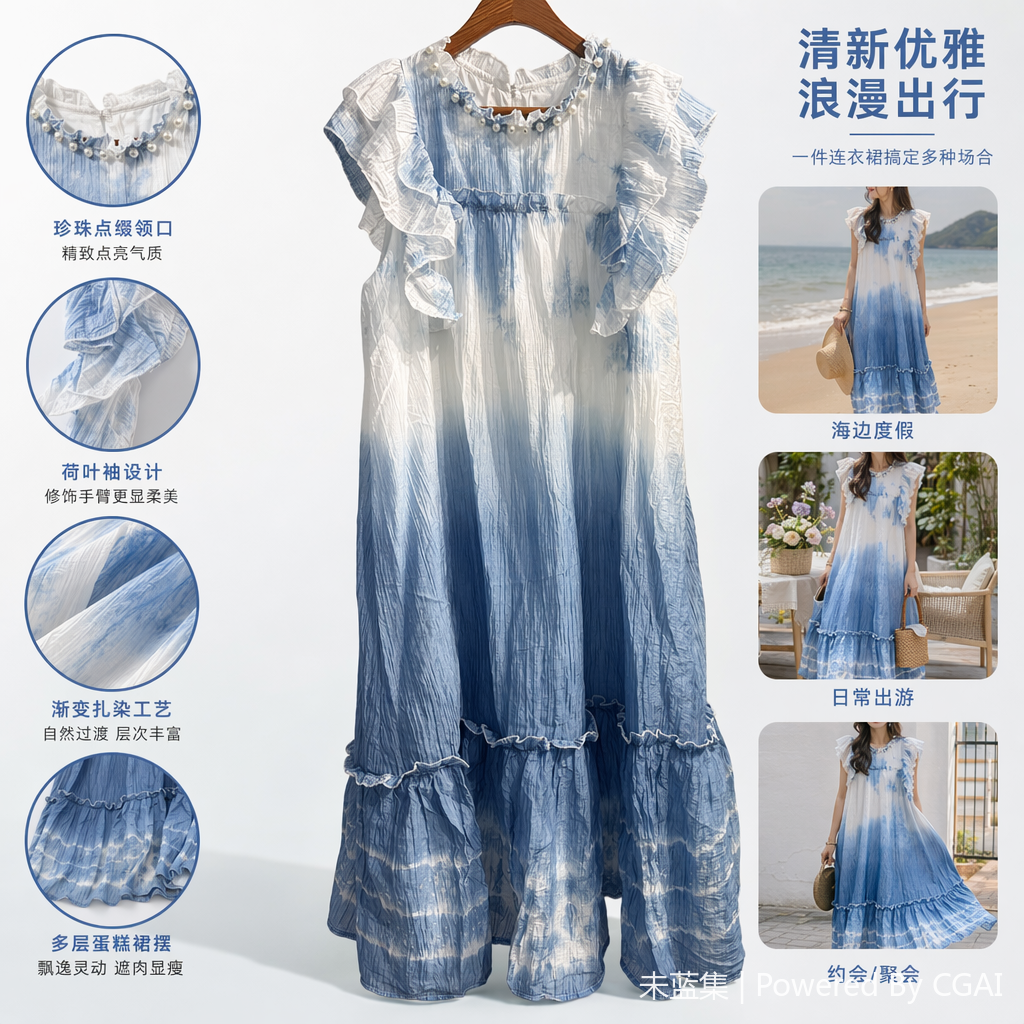 蓝白扎染荷叶边冰凉丝贮麻连衣裙女装花卉风