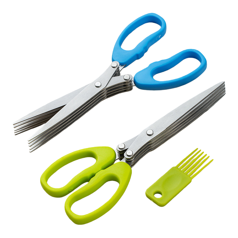 A set of household multi-functional cutting tools featuring blue handle scissors and green handle scissors Item Picture