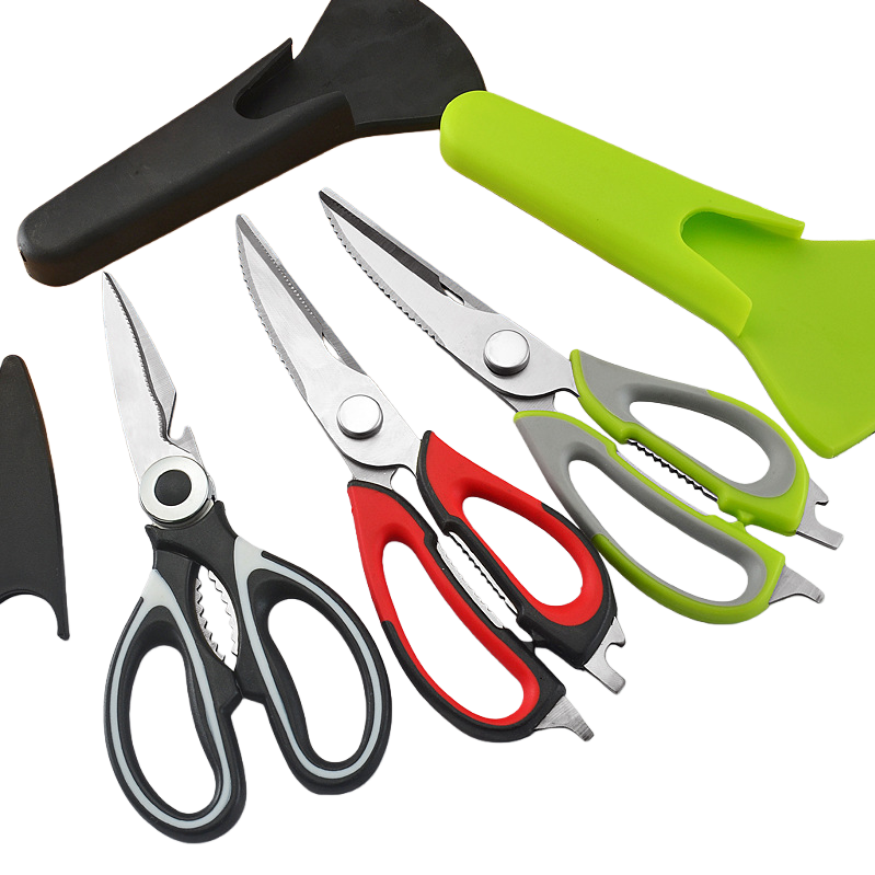 A set of three kitchen scissors with colorful handles, including a cigar cutter, kitchen scissors and daily necessities Item Picture