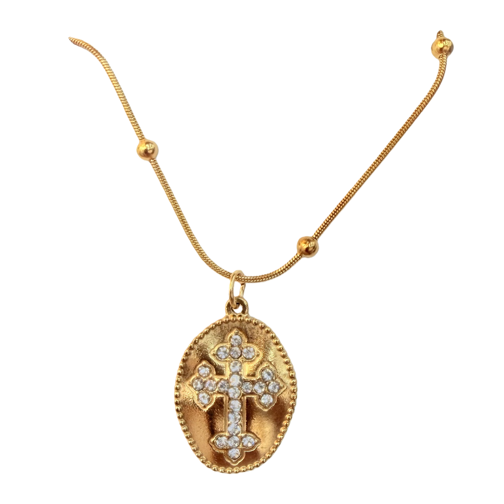 Full diamond cross relief distressed oval pendant, stainless steel retro texture, metal non-fading snake bone chain, high-end quality, versatile women's neck accessory Item Picture