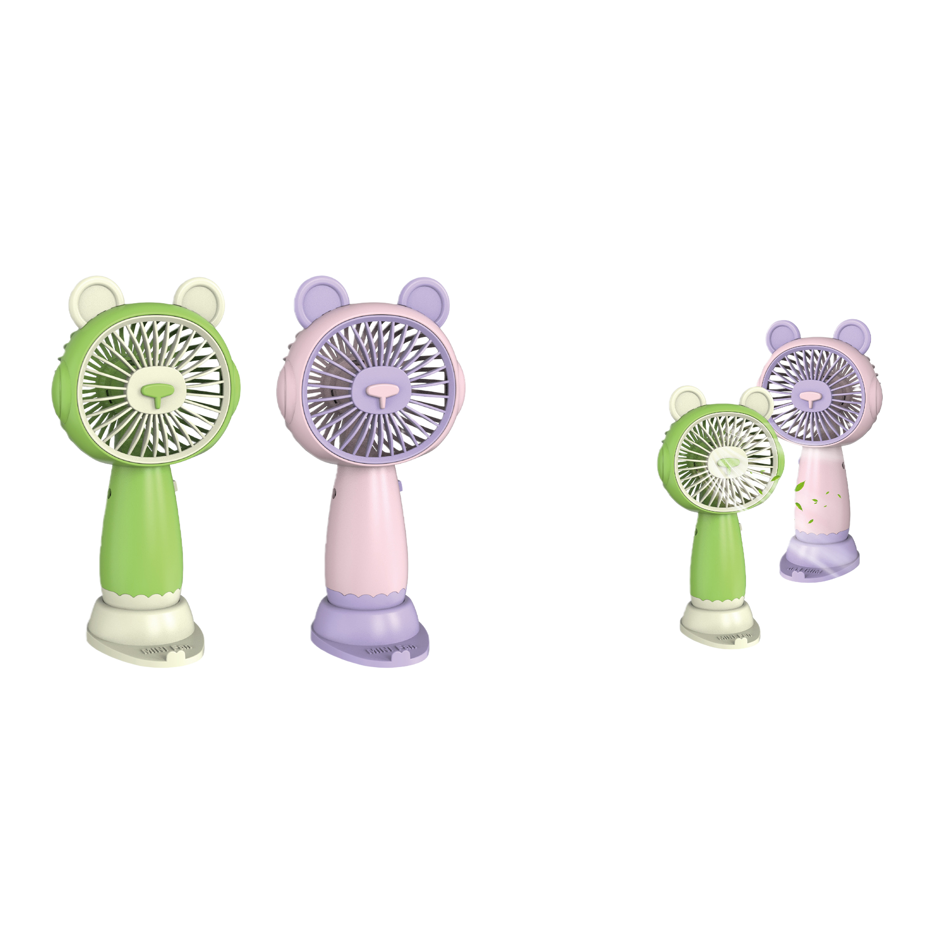 Cartoon bear green and pink animal-shaped handheld fan with base Item Picture