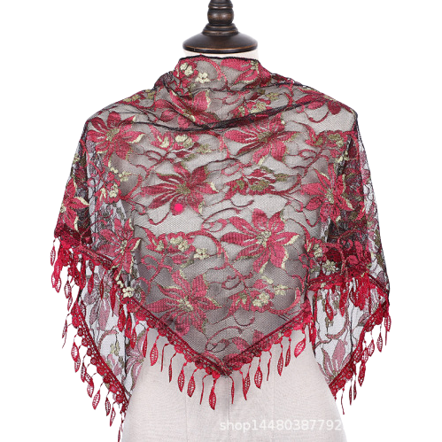 2026 New style red lace lace silk scarf color satin silk scarf buckle Item Picture