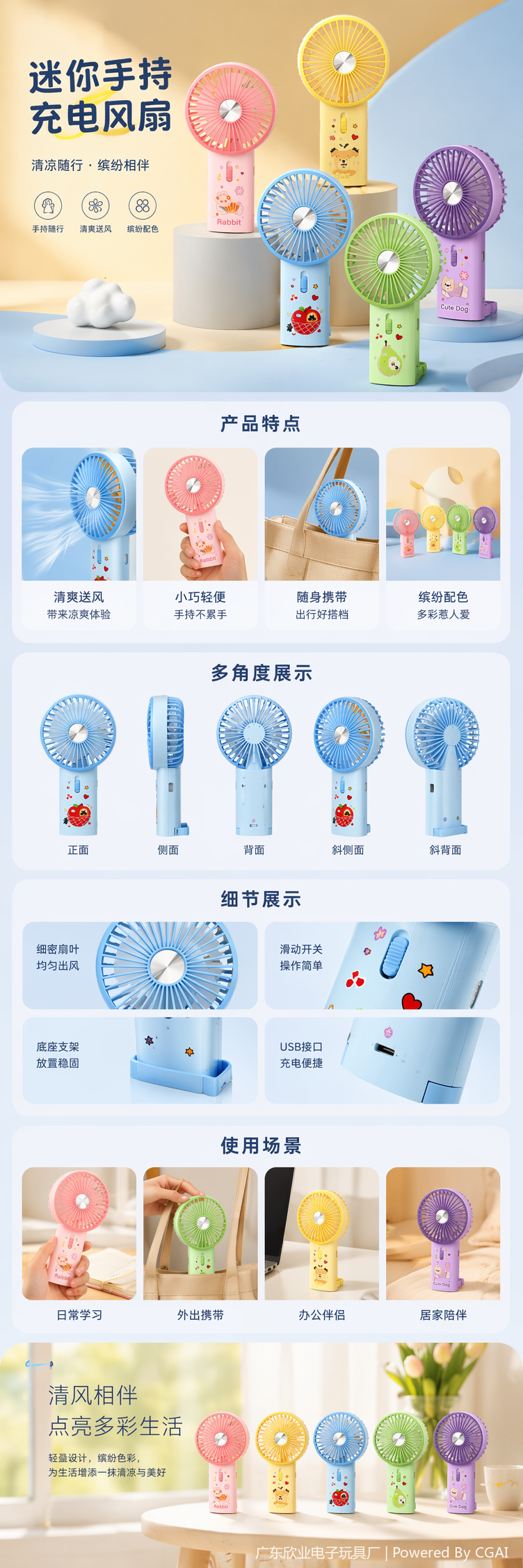简约卡通彩色迷你手持充电风扇详情1