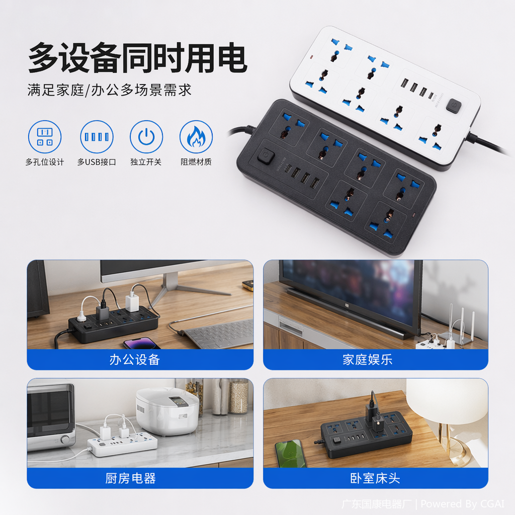 黑白双色桌面插座嵌入式无线充智能开关多功能插线板