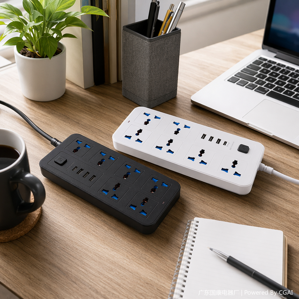 Black and white dual-color desktop socket, embedded wireless charger, smart switch, multi-functional power strip details Picture