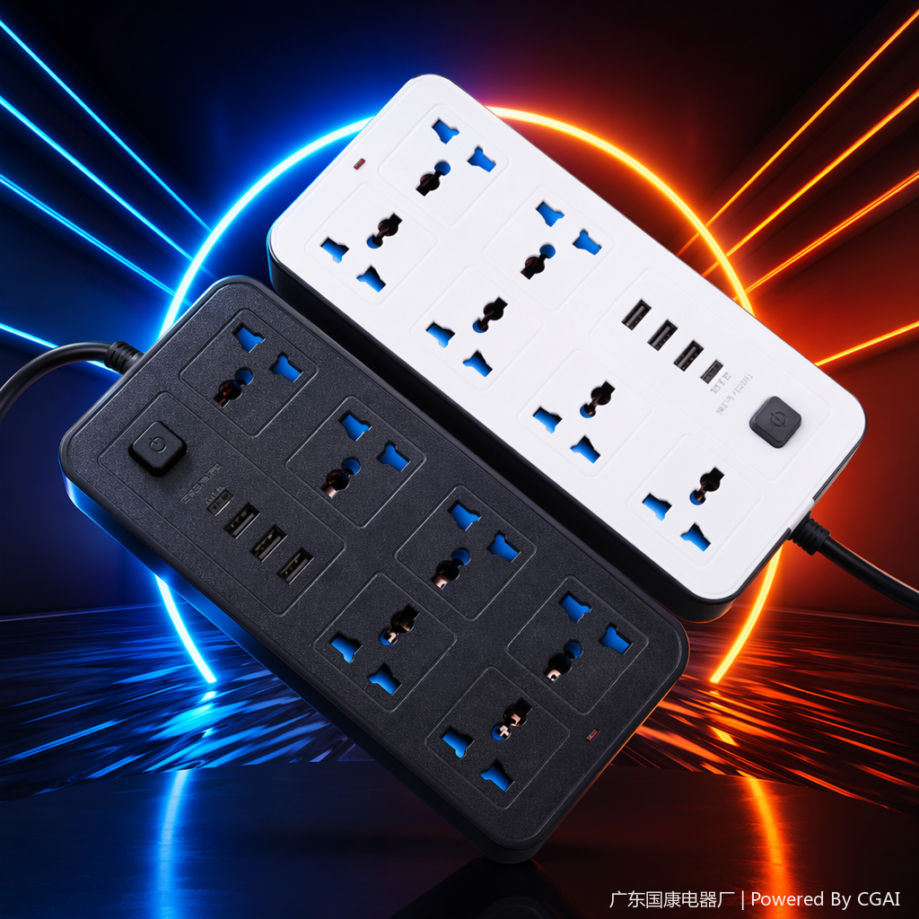 Black and white dual-color desktop socket, embedded wireless charger, smart switch, multi-functional power strip Specification image
