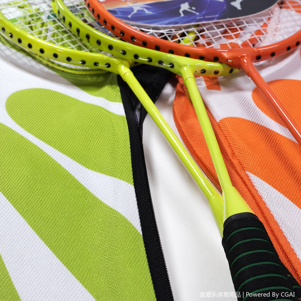 A yellow-red badminton racket with a green-orange racket bag integrated badminton and tennis padel racket Application Scenario