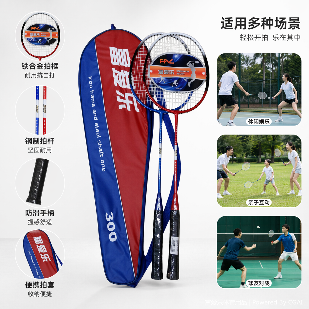Red and blue color one-piece badminton racket, tennis racket and racket cover with padel