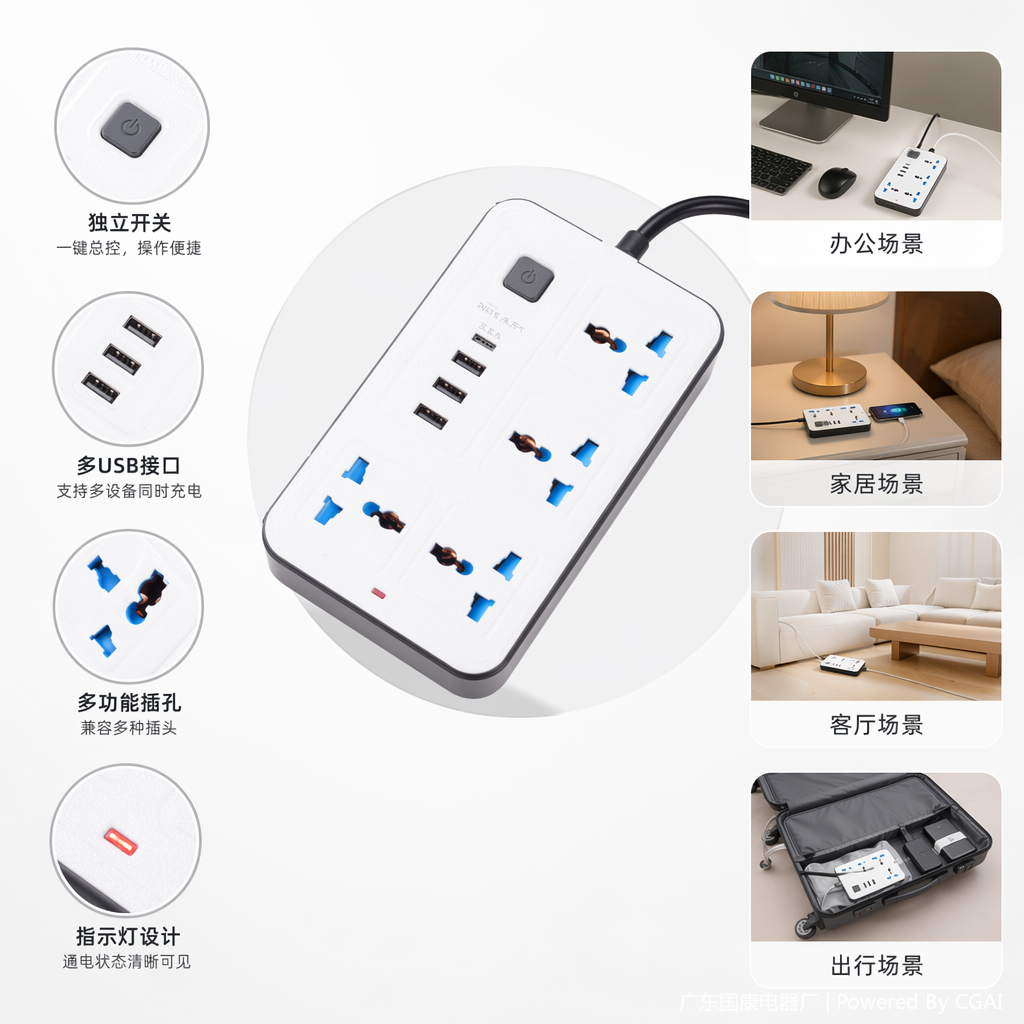 公牛澳标一开双控白色墙壁插座电器插线板
