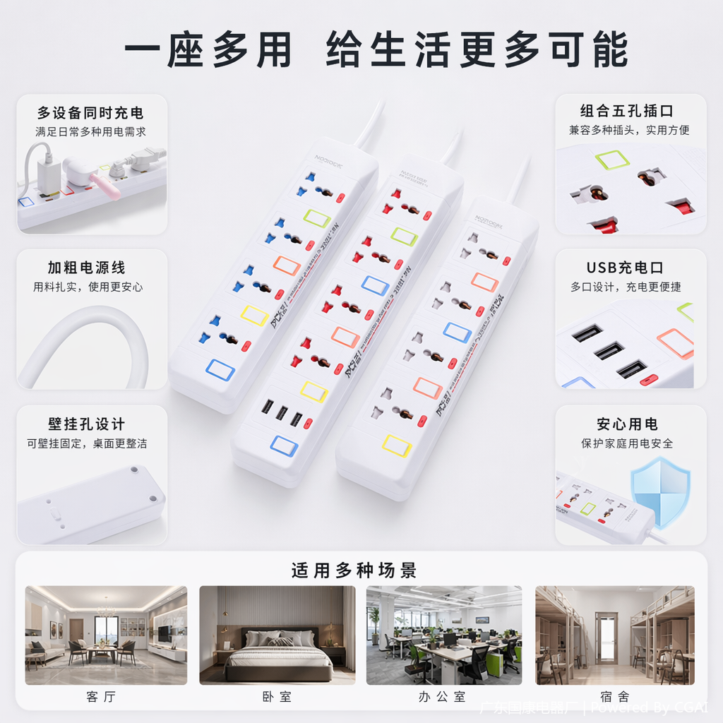 白色多孔转换插座带彩色插孔标识USB接口
