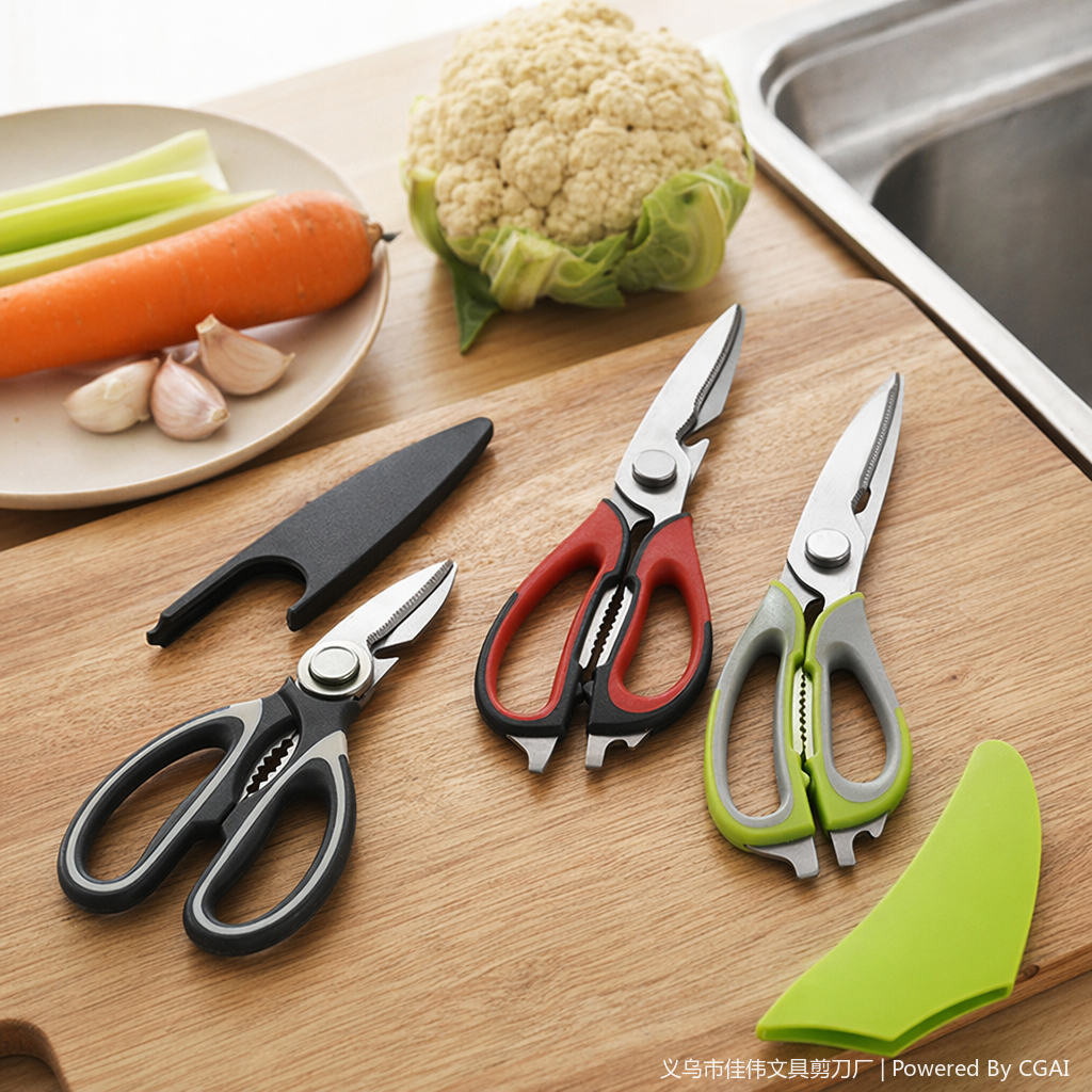 A set of three kitchen scissors with colorful handles, including a cigar cutter, kitchen scissors and daily necessities details Picture