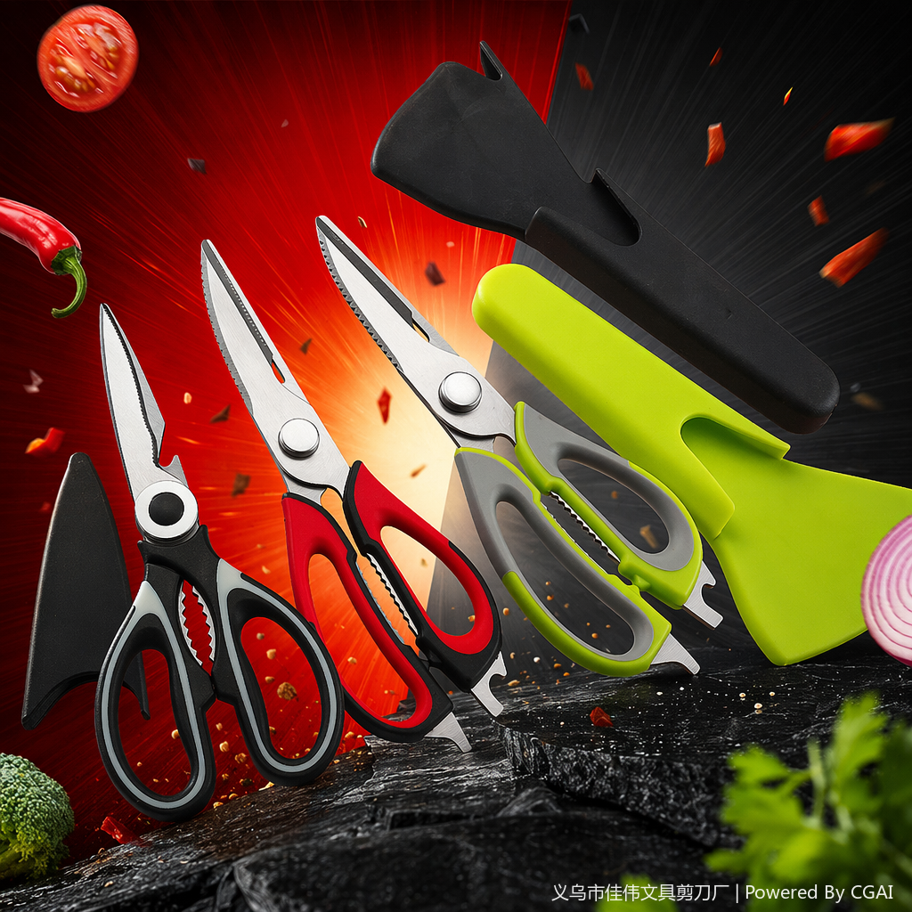 A set of three kitchen scissors with colorful handles, including a cigar cutter, kitchen scissors and daily necessities Specification image