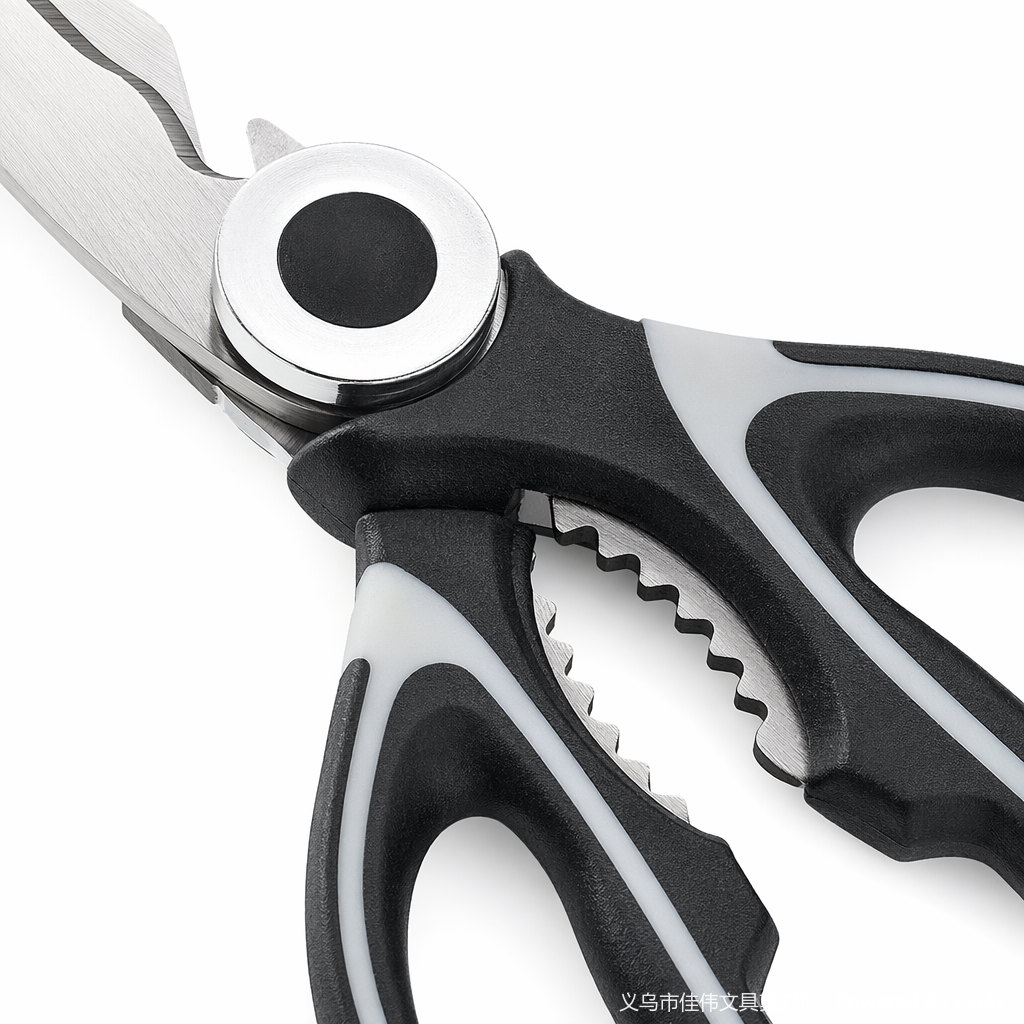 A set of three kitchen scissors with colorful handles, including a cigar cutter, kitchen scissors and daily necessities Application Scenario