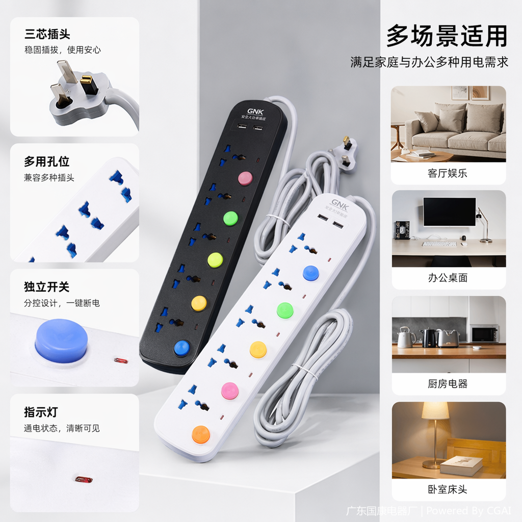 黑白双色机柜插座插线板 3位国标带USB智能排插