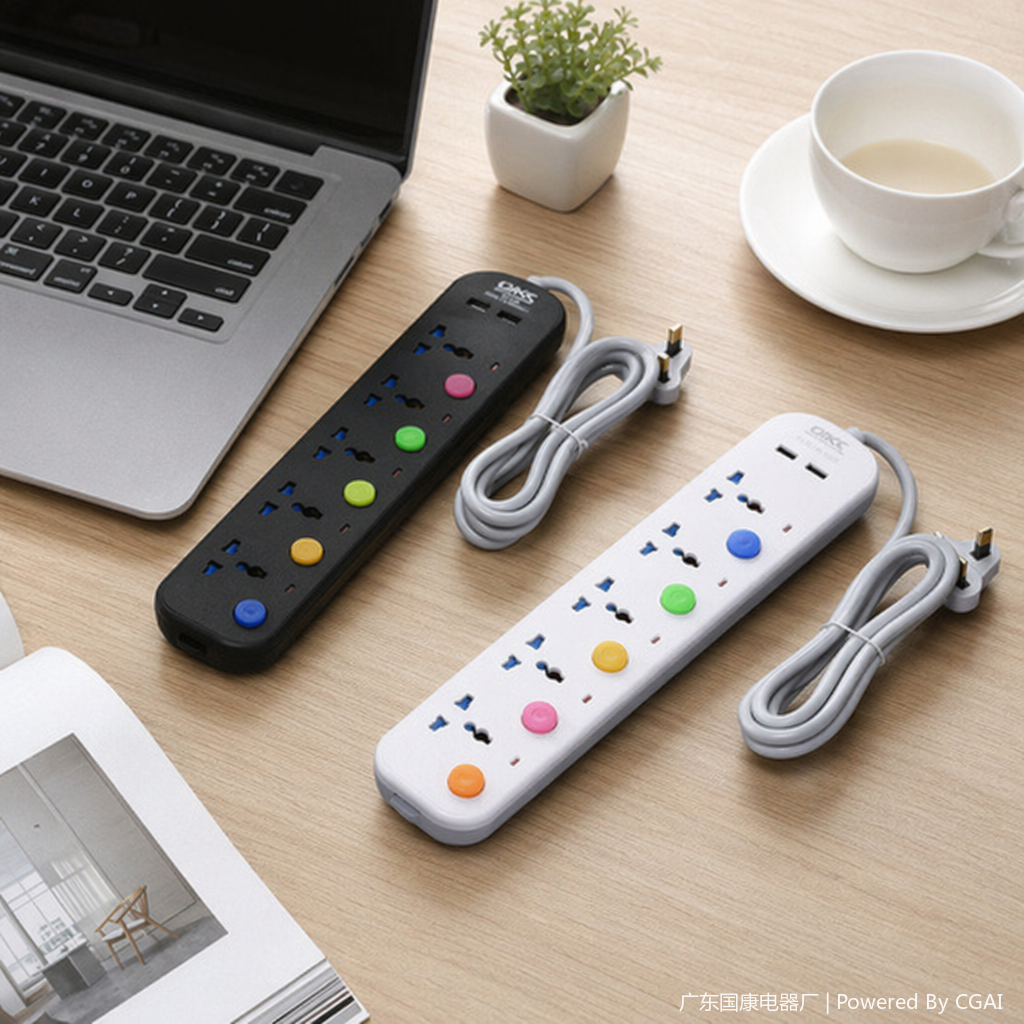 Black and white dual-color cabinet socket power strip, 3-position national standard with USB smart power strip details Picture