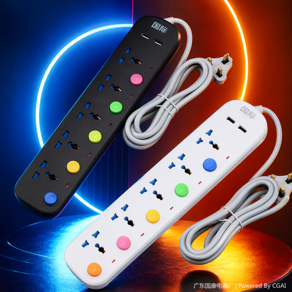 Black and white dual-color cabinet socket power strip, 3-position national standard with USB smart power strip Specification image