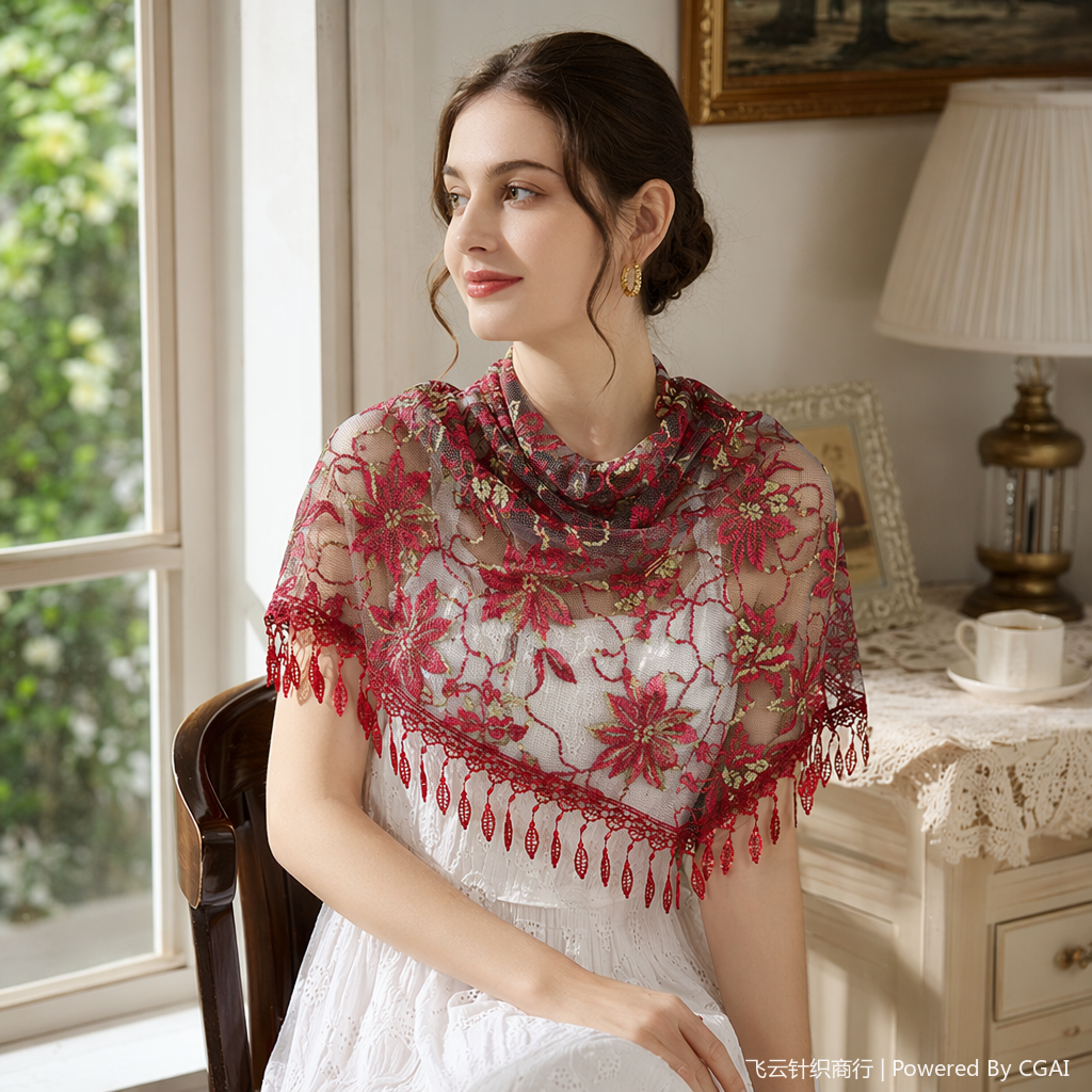 2026 New style red lace lace silk scarf color satin silk scarf buckle details Picture