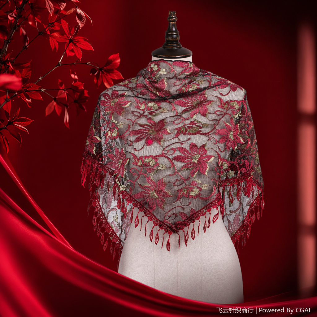 2026 New style red lace lace silk scarf color satin silk scarf buckle Specification image